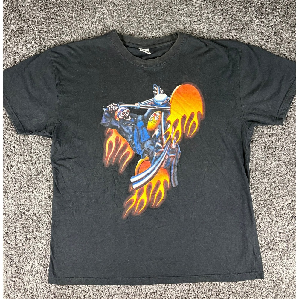 Vintage Chopper Wear Motorcycle Skeleton Flames T-Shirt Black XL Y2K 2005 Biker